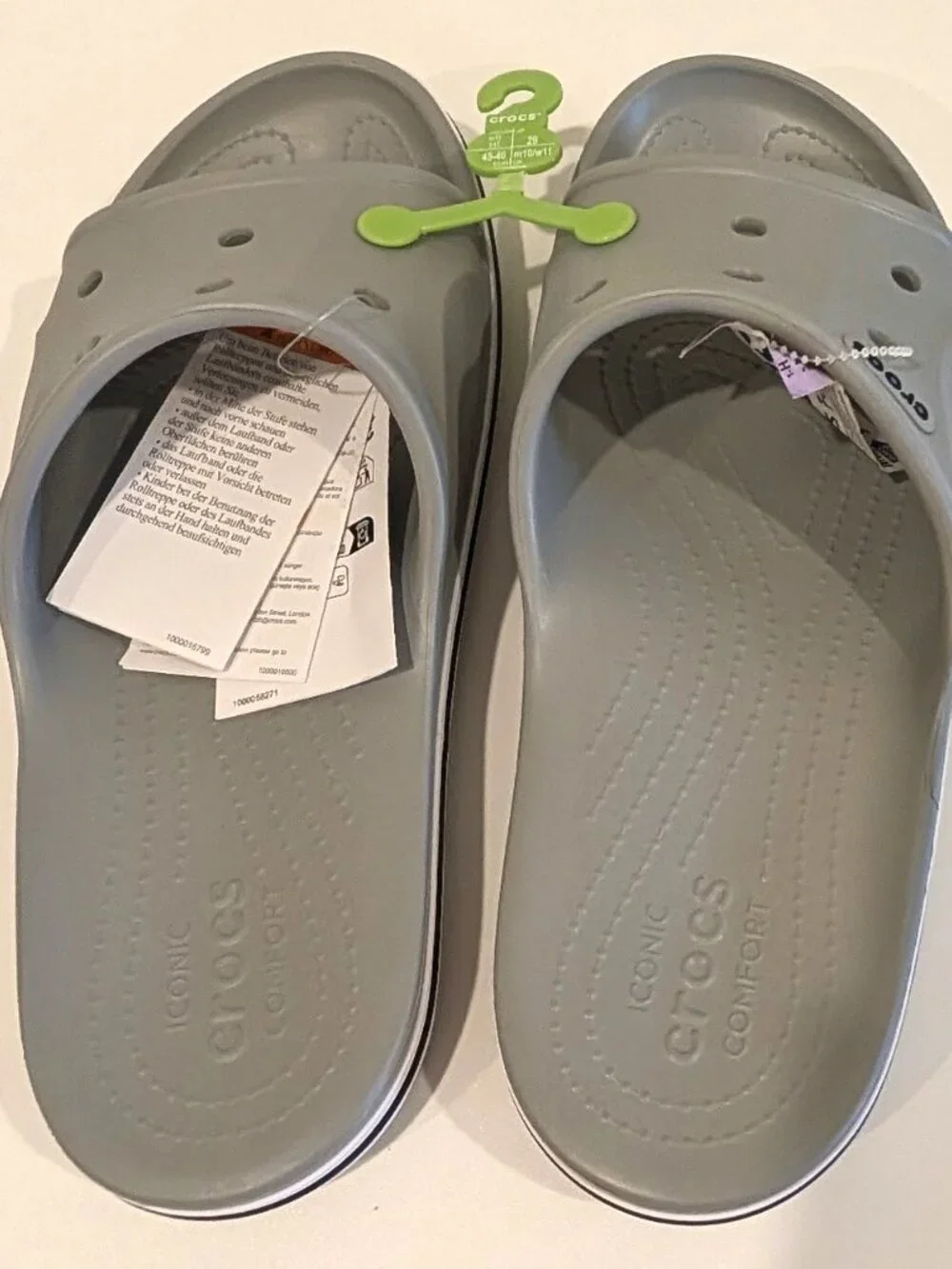 Crocs Bayaband Slide Grey White Striped Sandals Mens 11 / Womens 13 NWT Comfort
